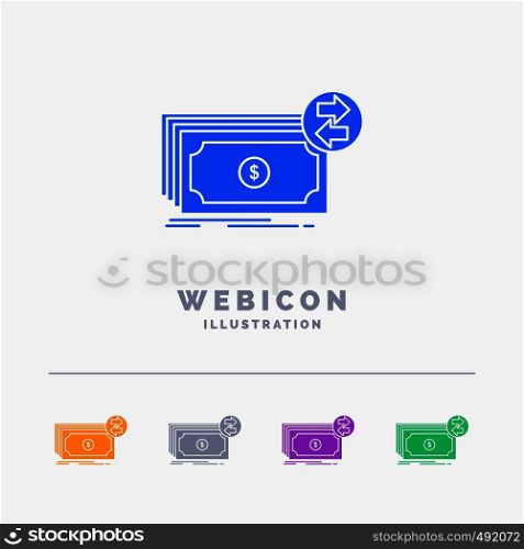 Banknotes, cash, dollars, flow, money 5 Color Glyph Web Icon Template isolated on white. Vector illustration. Vector EPS10 Abstract Template background