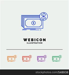 Banknotes, cash, dollars, flow, money 5 Color Line Web Icon Template isolated on white. Vector illustration. Vector EPS10 Abstract Template background