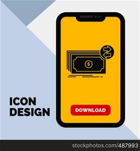 Banknotes, cash, dollars, flow, money Glyph Icon in Mobile for Download Page. Yellow Background. Vector EPS10 Abstract Template background