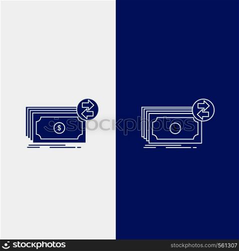 Banknotes, cash, dollars, flow, money Line and Glyph web Button in Blue color Vertical Banner for UI and UX, website or mobile application. Vector EPS10 Abstract Template background