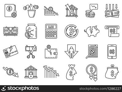 Bankrupt business icons set. Outline set of bankrupt business vector icons for web design isolated on white background. Bankrupt business icon set, outline style