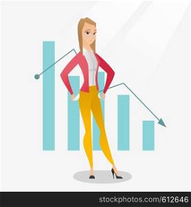 Bankrupt business woman showing her empty pockets on the background of decreasing chart. Bankrupt turning empty pockets inside out. Bankruptcy concept. Vector flat design illustration. Square layout.. Bancrupt business woman vector illustration.