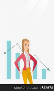 Bankrupt business woman showing her empty pockets on the background of decreasing chart. Bankrupt turning empty pockets inside out. Bankruptcy concept. Vector flat design illustration. Vertical layout. Bancrupt business woman vector illustration.