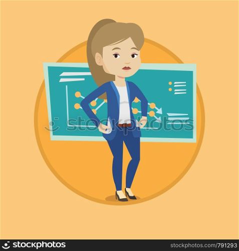 Bankrupt business woman showing her empty pockets on the background of decreasing chart. Bankrupt turning empty pockets inside out. Vector flat design illustration in the circle isolated on background. Bancrupt business woman vector illustration.