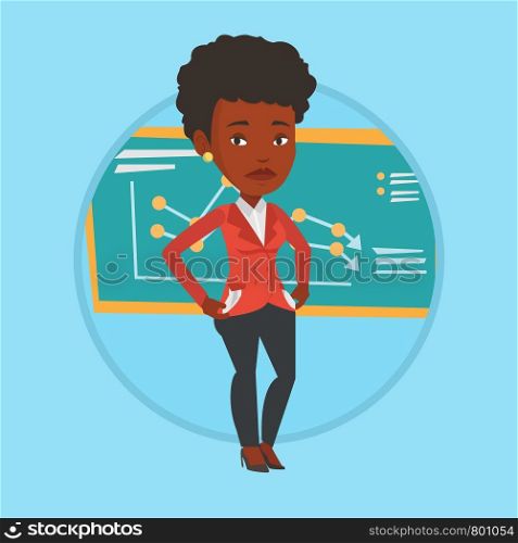 Bankrupt business woman showing her empty pockets on the background of decreasing chart. Bankrupt turning empty pockets inside out. Vector flat design illustration in the circle isolated on background. Bancrupt business woman vector illustration.