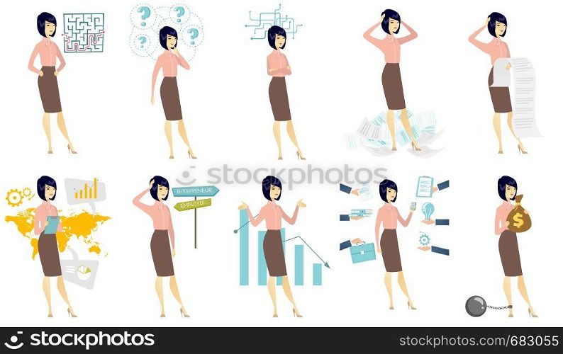 Bankrupt business woman standing on a background of decreasing chart. Bancrupt business woman unaware what to do with bankruptcy. Set of vector flat design illustrations isolated on white background.. Vector set of illustrations with business people.