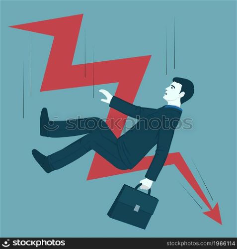 Bankrupt businessman falling. Symbol of bankruptcy, failure, recession, crisis and financial losses on stock exchange market.