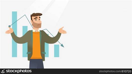 Bankrupt businessman standing on the background of decreasing chart. Bancrupt businessman unaware what to do with bankruptcy. Bankruptcy concept. Vector flat design illustration. Horizontal layout.. Bancrupt business man vector illustration.