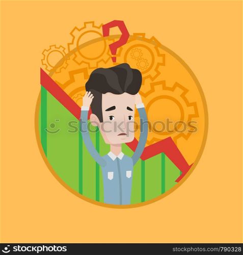 Bankrupt clutching head on background of chart going down. Bankrupt with question mark above head. Concept of business bankruptcy. Vector flat design illustration in the circle isolated on background.. Bankrupt clutching his head vector illustration.