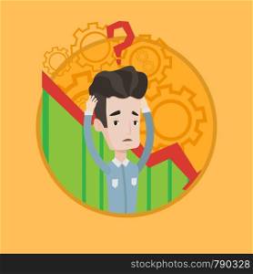 Bankrupt clutching head on background of chart going down. Bankrupt with question mark above head. Concept of business bankruptcy. Vector flat design illustration in the circle isolated on background.. Bankrupt clutching his head vector illustration.