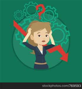 Bankrupt clutching head on the background of chart going down. Bankrupt with question mark above head. Business bankruptcy concept. Vector flat design illustration in the circle isolated on background. Bankrupt clutching head vector illustration.