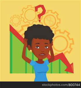 Bankrupt clutching head on the background of cogwheels and chart going down. Bankrupt with big question mark above her head. Business bankruptcy concept. Vector flat design illustration. Square layout. Bankrupt clutching head vector illustration.
