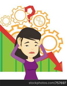 Bankrupt clutching head on the background of gears and chart going down. Woman with question mark above head. Business bankruptcy concept. Vector flat design illustration isolated on white background.. Bankrupt clutching head vector illustration.