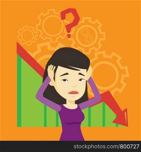 Bankrupt clutching head on the background with cogwheels and chart going down. Woman with big question mark above her head. Business bankruptcy concept. Vector flat design illustration. Square layout.. Bankrupt clutching head vector illustration.