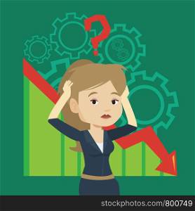 Bankrupt clutching head on the background with cogwheels and chart going down. Woman with big question mark above her head. Business bankruptcy concept. Vector flat design illustration. Square layout.. Bankrupt clutching head vector illustration.