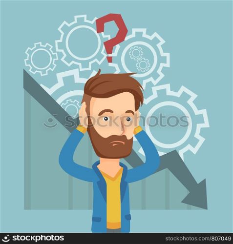 Bankrupt clutching his head on the background of chart going down. Bankrupt with a big question mark above his head. Concept of business bankruptcy. Vector flat design illustration. Square layout.. Bankrupt clutching his head vector illustration.