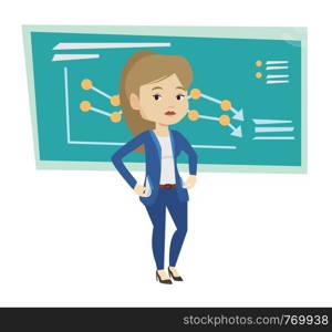Bankrupt showing her empty pockets on the background of decreasing chart. Bankrupt turning empty pockets inside out. Bankruptcy concept. Vector flat design illustration isolated on white background.. Bancrupt business woman vector illustration.