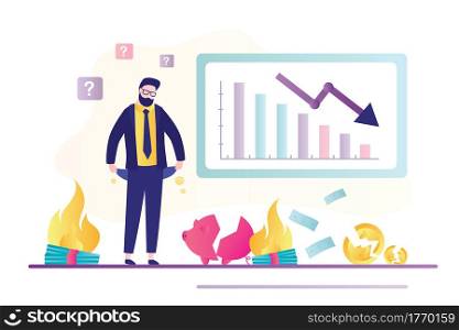 Bankrupt with empty pockets. Global crisis, finance problems and bankruptcy. Down arrow chart. Businessman losing all savings money, inflation. Business troubles concept. Flat vector illustration. Bankrupt with empty pockets. Global crisis, finance problems and bankruptcy. Down arrow chart. Businessman losing all savings money