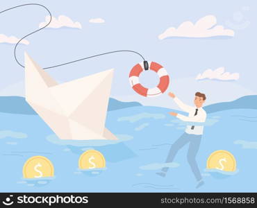 Bankruptcy business. Financial rescue, sinking business in crisis and economic risks. Economy recession loan payback problems vector illustration. Crisis and bankruptcy, financial help and rescue. Bankruptcy business. Financial rescue, sinking business in crisis and economic risks. Economy recession or debt loan payback problems vector illustration