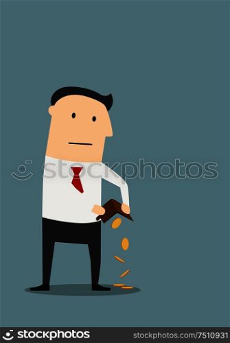 Bankruptcy, financial crisis or insolvency theme. Cartoon bankrupt businessman holding empty wallet with last few coins