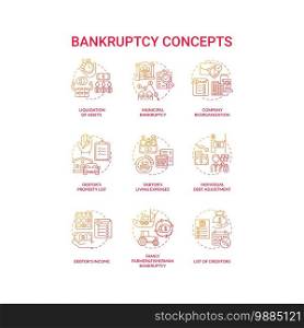 Bankruptcy red gradient concept icons set. Economic difficulty. Debtor and creditor contract. Financial crisis idea thin line RGB color illustrations. Vector isolated outline drawings. Bankruptcy red gradient concept icons set