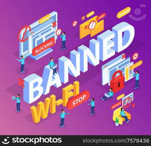 Banned 3d lettering with stop and lock signs in blocking internet users sites isometric composition vector illustration