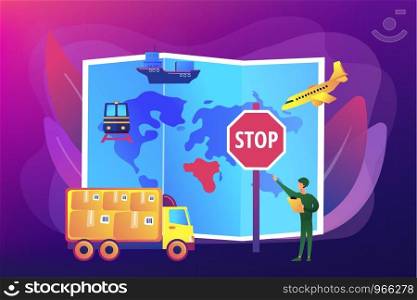 Banned products transportation, smuggling. Embargo regulation, sanctions goods, limited importation exportation of goods concept. Bright vibrant violet vector isolated illustration