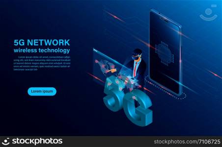 Banner 5G network wireless technology concept. mobile phone with cpu icon. Concept for mobile phone technology and telecommunication. Isometric flat design vector illustration