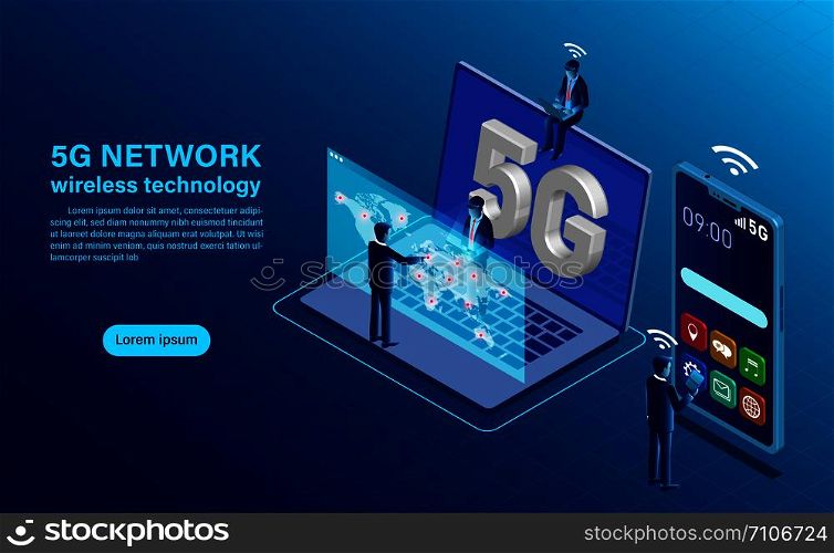 Banner 5G network wireless technology concept. smartphone with big letters 5g and People with mobile devices are sitting and standing on. Isometric flat design vector illustration