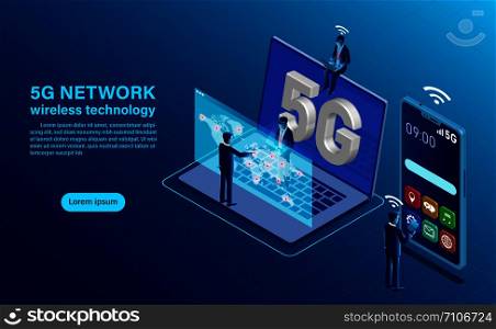 Banner 5G network wireless technology concept. smartphone with big letters 5g and People with mobile devices are sitting and standing on. Isometric flat design vector illustration