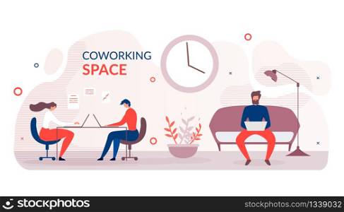 Banner Advertising Modern Coworking Space. Cartoon People Freelancers Characters Sit at Table or on Sofa Typing Laptop. Creative Open Space Office. Shared Working Environment. Vector Illustration. Flat Banner Advertising Modern Coworking Space