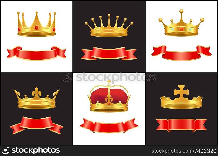 Banner and corona icons set. Vintage stripes for slogan and diadems crowns made of gold. Queens and kings royal symbols of monarchy isolated vector. Banner and Corona Icons Set Vector Illustration
