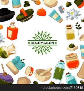 Banner and poster vector background with place for text with cartoon beauty and spa elements illustration. Vector background with place for text with cartoon beauty and spa elements