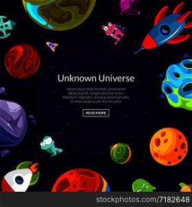 Banner and poster vector background with place for text with cartoon space planets and ships illustration. Vector background with place for text with cartoon space planets and ships