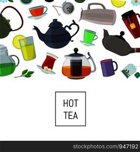 Banner and poster vector cartoon tea kettles and cups background with place for text illustration. Vector cartoon tea kettles and cups background