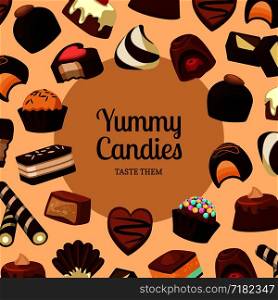Banner and postrer vector background with place for text and cartoon chocolate candies illustration. Vector background with place for text and cartoon chocolate candies