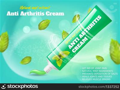 Banner Anti Arthritis Cream Natural Mint Extract. Vector Image Concept Get Rid of Joint Pain, Natural Mint Ingredients, Prevents Deposition of Salts, Heals Joints and Tissues, Relieves Muscle Spasms