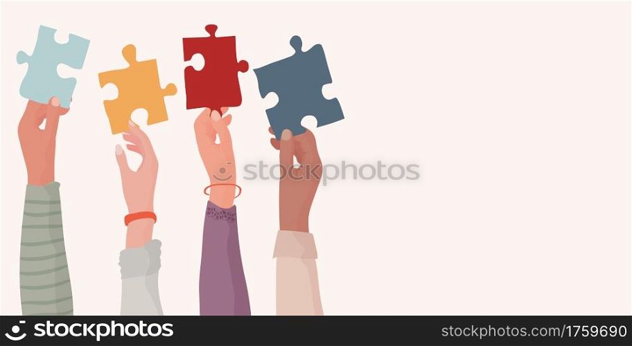 Banner. Autism syndrome concept. Group of raised arms of diverse people holding a jigsaw piece. Learning support and education. Neurological Disease. Mind and brain. Conceptual