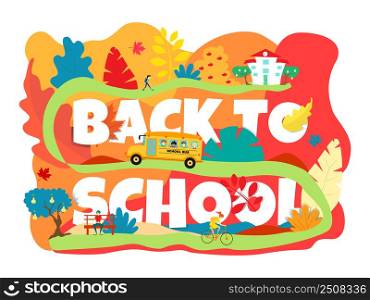 Banner back to school. The school bus goes up the hill to the school. A girl riding a bike. Autumn in pink. Colorful leaves, pears on a tree. EPS 10 vector