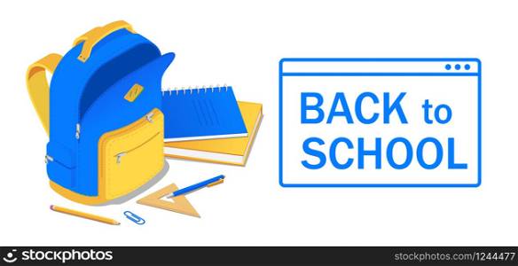 Banner back to school with backpack and school supplies isometric