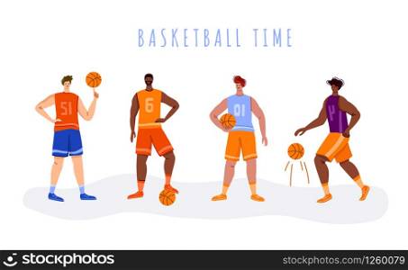 Banner - basketball players with balls and copy space or text place, muscular athletic men in sport uniform, basketball team train game, banner or landing page for website, app, flat people - vector. basketball player sport concept