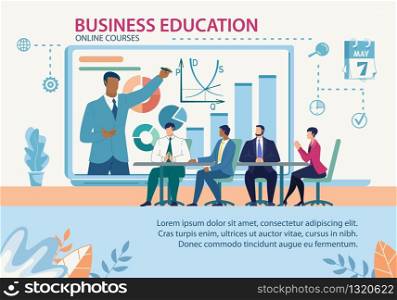 Banner Business Education Online Courses Flat. Men and Women sit at Tables in Conference Room and Look at Big Screen. Broadcasting Courses Online. Guy in Suit Teaches Based on Graphs.