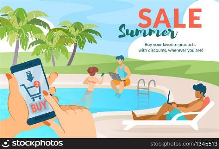 Banner by Your Favorite Products with Discount, Wherever You are. Summer Sale. Womans Hand Holding Smartphone. People Swim Pool and Discuss Discounts. Screen Smartphone App for Shopping Online.