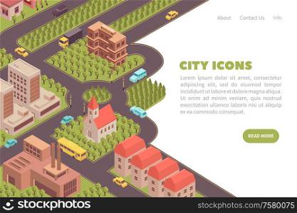 Banner city isometric web site landing page design with read more button editable text and links vector illustration