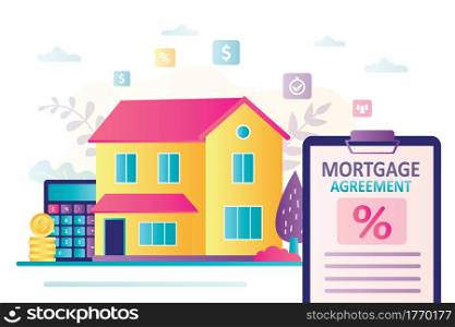 Banner concept of house loan or money investment to real estate. Mortgage agreement and finance management. Apartment with financial document, interest rate. Buying a property.Flat vector illustration. Mortgage agreement and finance management. Apartment with financial document, interest rate. Buying a property.