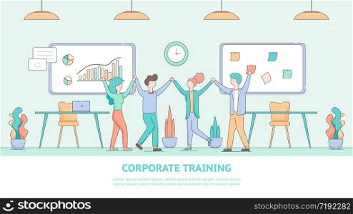 Banner Corporate Training for Employee Development. Illustration Group People Listened Educational Seminar. Happy Man and Woman Hold Hands. Interior Modern Office. Financial Growth Chart Flipchart