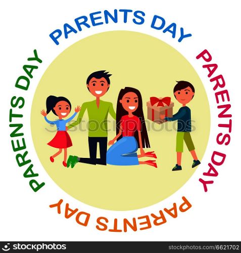 Banner dedicated to Parents&rsquo; Day. Vector illustration of gleeful daughter with her mother and father receiving present from their young son. Banner Dedicated to Parents&rsquo; Day Depicting Family