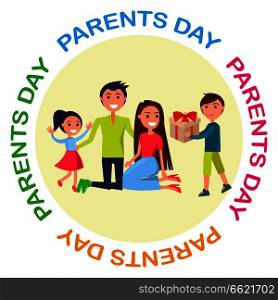 Banner dedicated to Parents&rsquo; Day. Vector illustration of gleeful daughter with her mother and father receiving present from their young son. Banner Dedicated to Parents&rsquo; Day Depicting Family