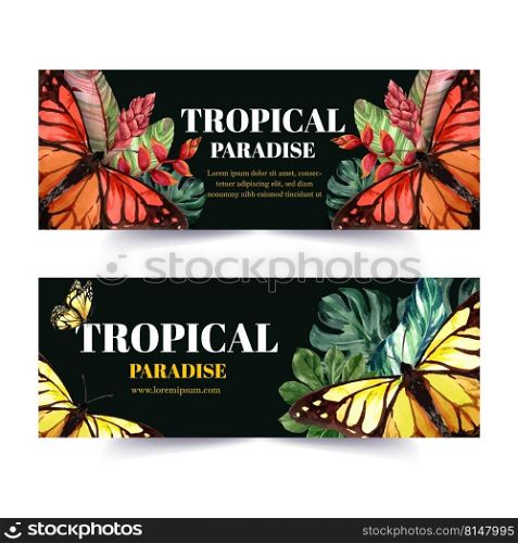Banner design with butterfly and tropical plants, contrast color vector illustration template.