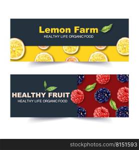 Banner design with classic Fruits theme, creative lemon and berry watercolor vector illustration.